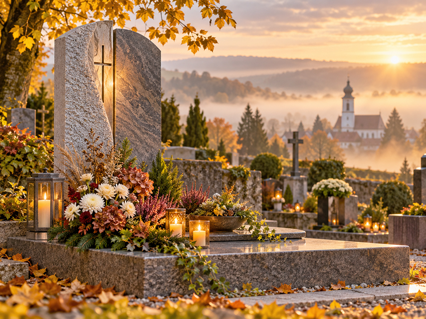 Herbstlicher Friedhof im goldenen Abendlicht